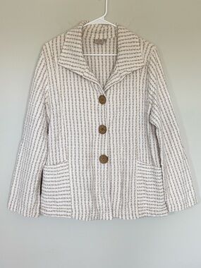 Focus Casuals Cotton Textured Seersucker Jacket Wooden Buttons Beige Sz L